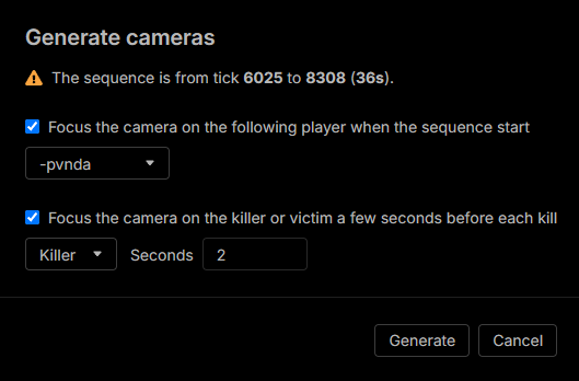Generate cameras dialog