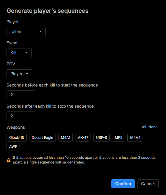 Generate player sequences dialog